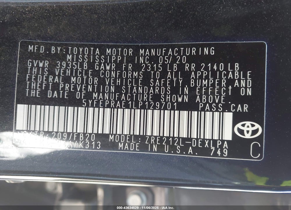 2020 TOYOTA COROLLA LE VIN: 5YFEPRAE1LP129701