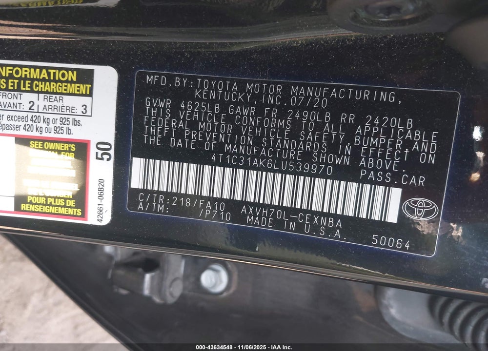 2020 TOYOTA CAMRY LE HYBRID VIN: 4T1C31AK6LU539970