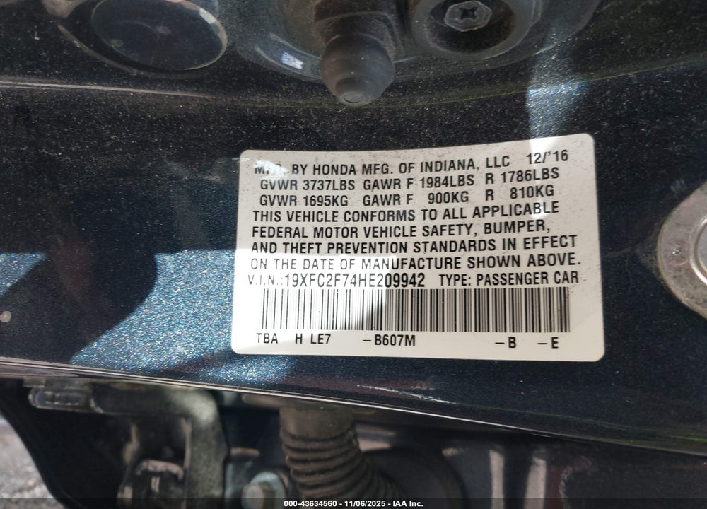 2017 HONDA CIVIC EX VIN: 19XFC2F74HE209942