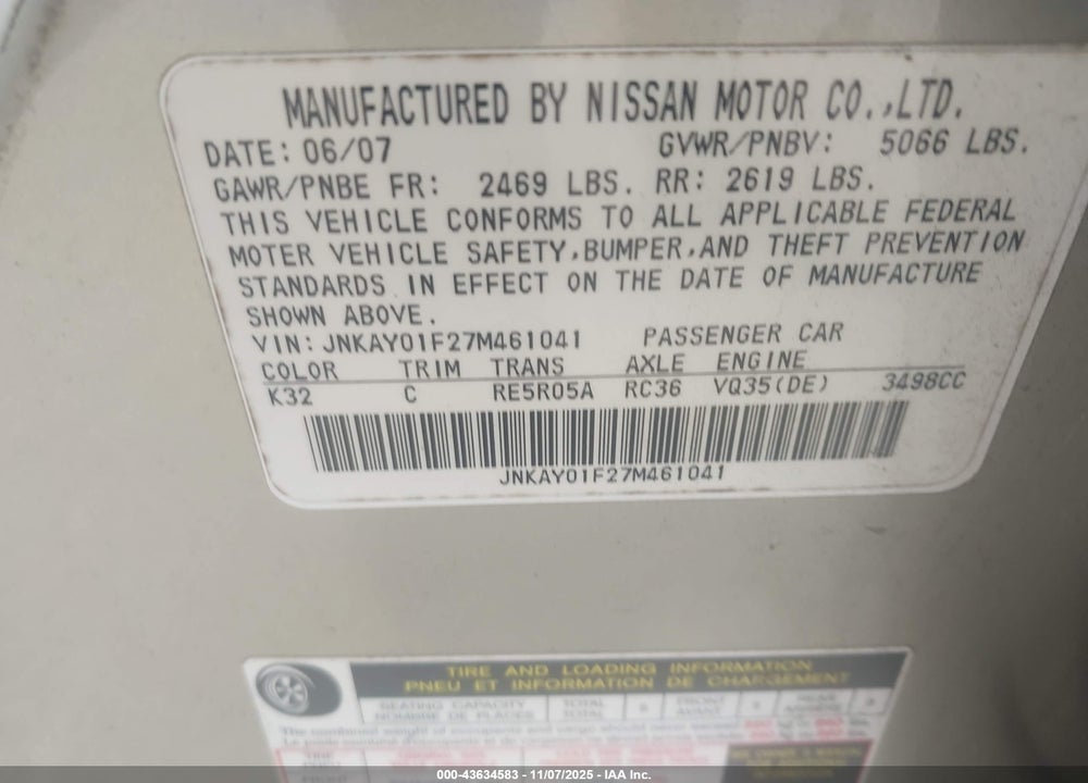 2007 INFINITI M35X VIN: JNKAY01F27M461041