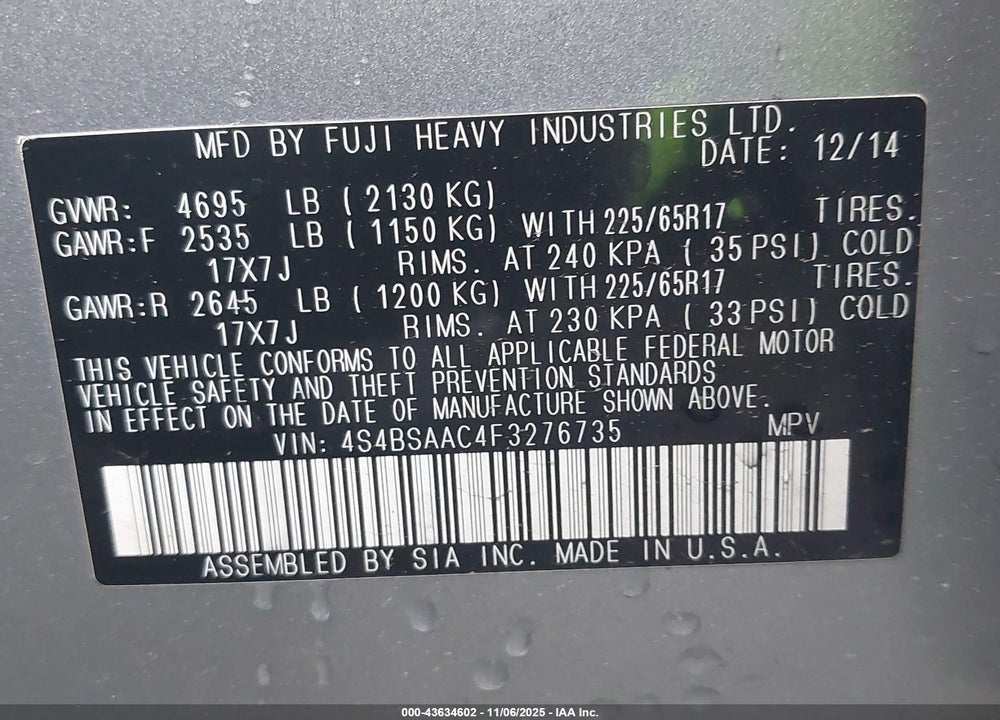 2015 SUBARU OUTBACK 2.5I VIN: 4S4BSAAC4F3276735