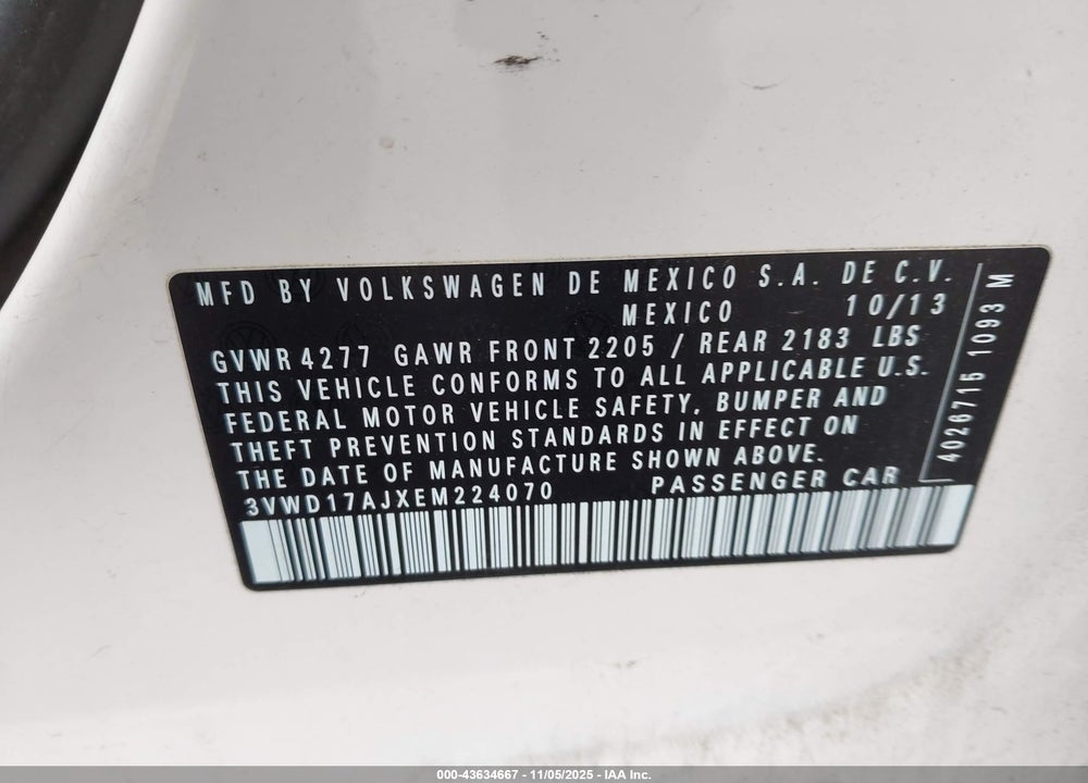 2014 VOLKSWAGEN JETTA VIN: 3VWD17AJXEM224070