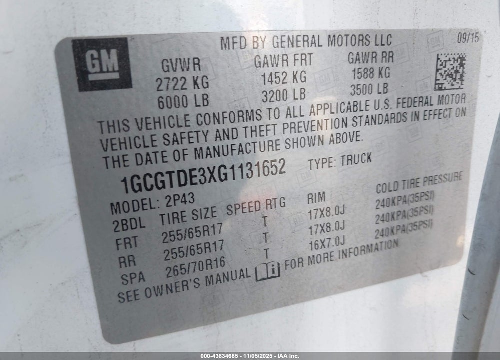 2016 CHEVROLET COLORADO Z71 VIN: 1GCGTDE3XG1131652