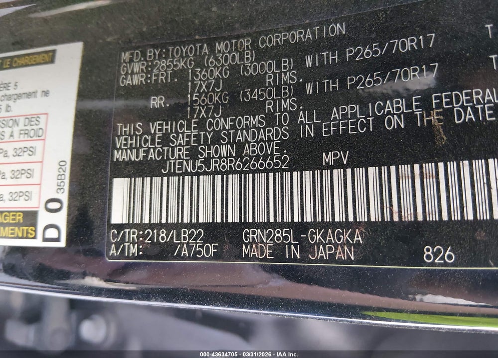 2024 TOYOTA 4RUNNER VIN: JTENU5JR8R6266652