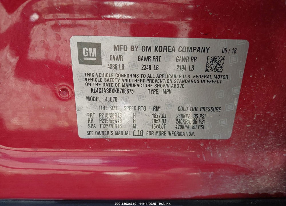 2019 BUICK ENCORE FWD PREFERRED VIN: KL4CJASBXKB708675