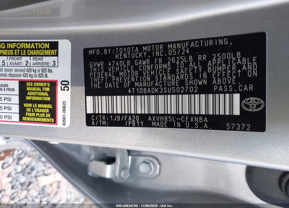 2025 TOYOTA CAMRY VIN: 4T1DBADK3SU502702