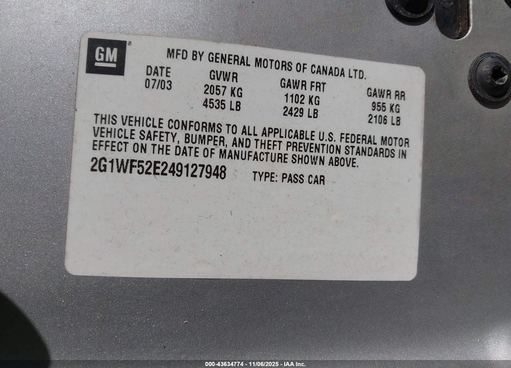2004 CHEVROLET IMPALA VIN: 2G1WF52E249127948