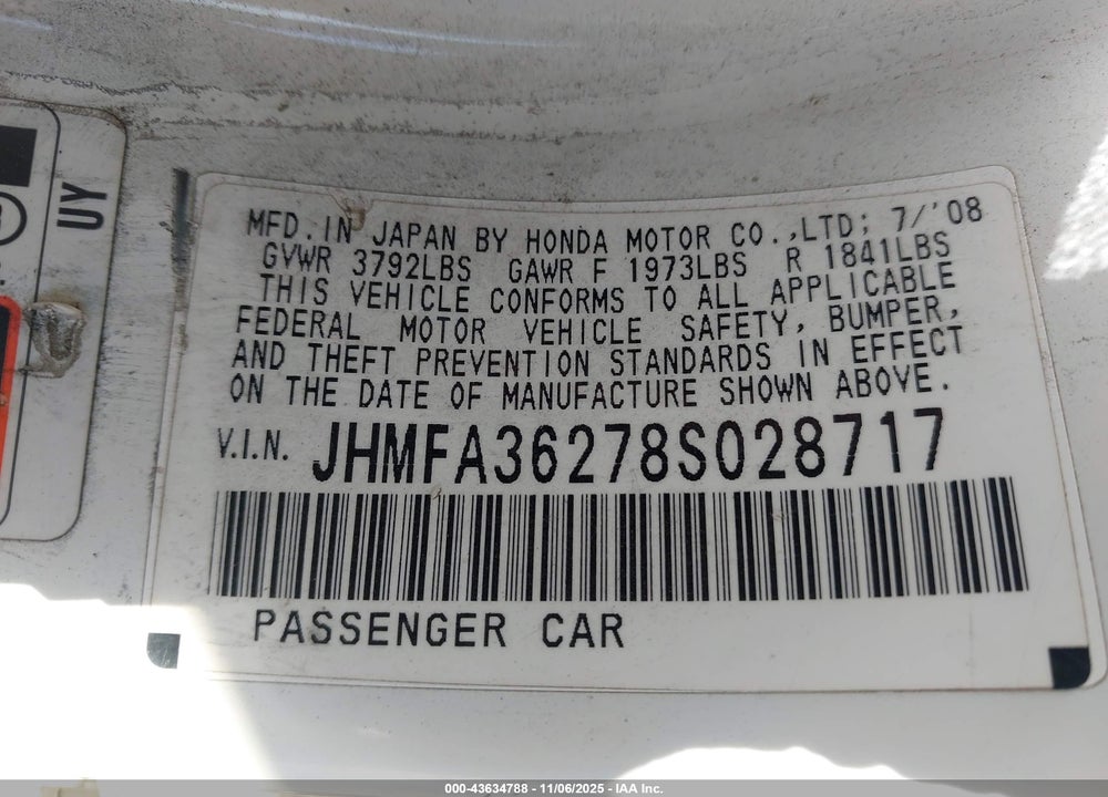 2008 HONDA CIVIC HYBRID VIN: JHMFA36278S028717
