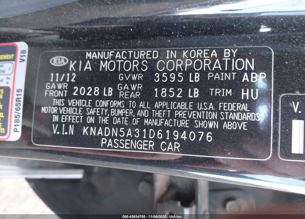 2013 KIA RIO EX VIN: KNADN5A31D6194076