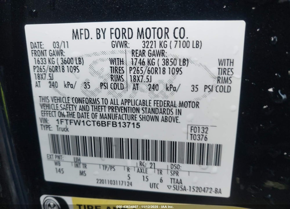 2011 FORD F-150 VIN: 1FTFW1CT6BFB13715