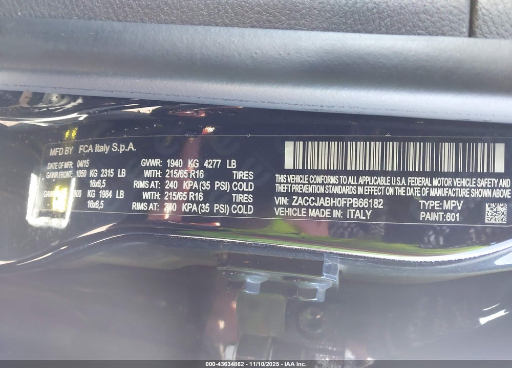 2015 JEEP RENEGADE LATITUDE VIN: ZACCJABH0FPB66182