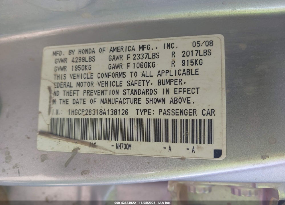 2008 HONDA ACCORD 2.4 LX VIN: 1HGCP26318A138126