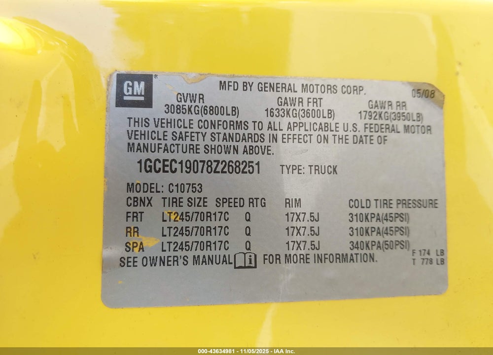 2008 CHEVROLET SILVERADO 1500 WORK TRUCK VIN: 1GCEC19078Z268251