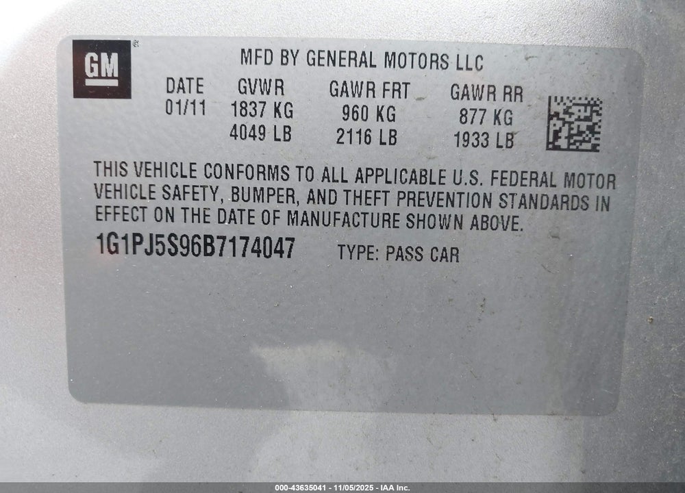 2011 CHEVROLET CRUZE ECO VIN: 1G1PJ5S96B7174047