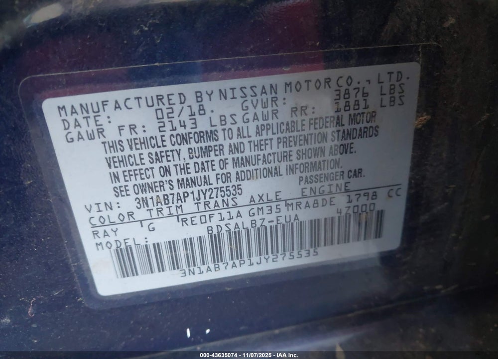 2018 NISSAN SENTRA VIN: 3N1AB7AP1JY275535