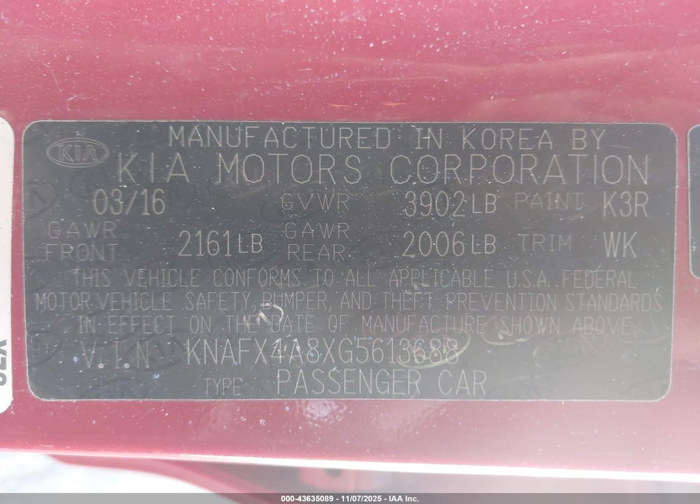 2016 KIA FORTE EX VIN: KNAFX4A8XG5613688