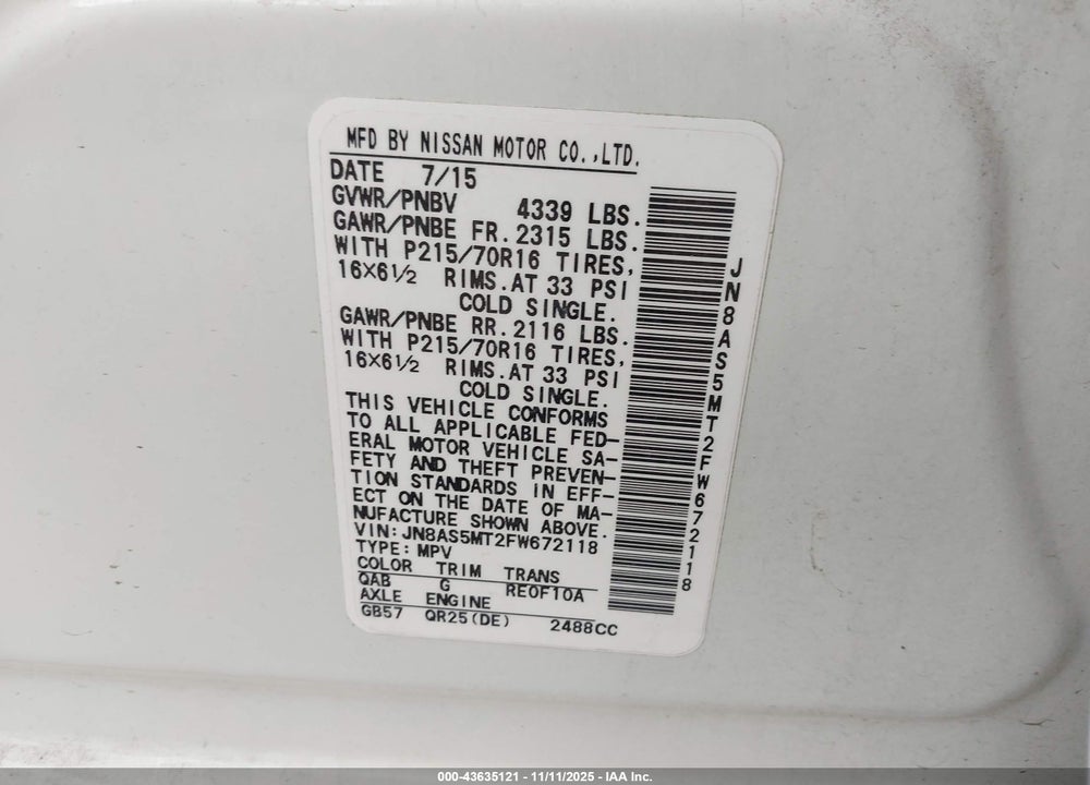 2015 NISSAN ROGUE SELECT S VIN: JN8AS5MT2FW672118
