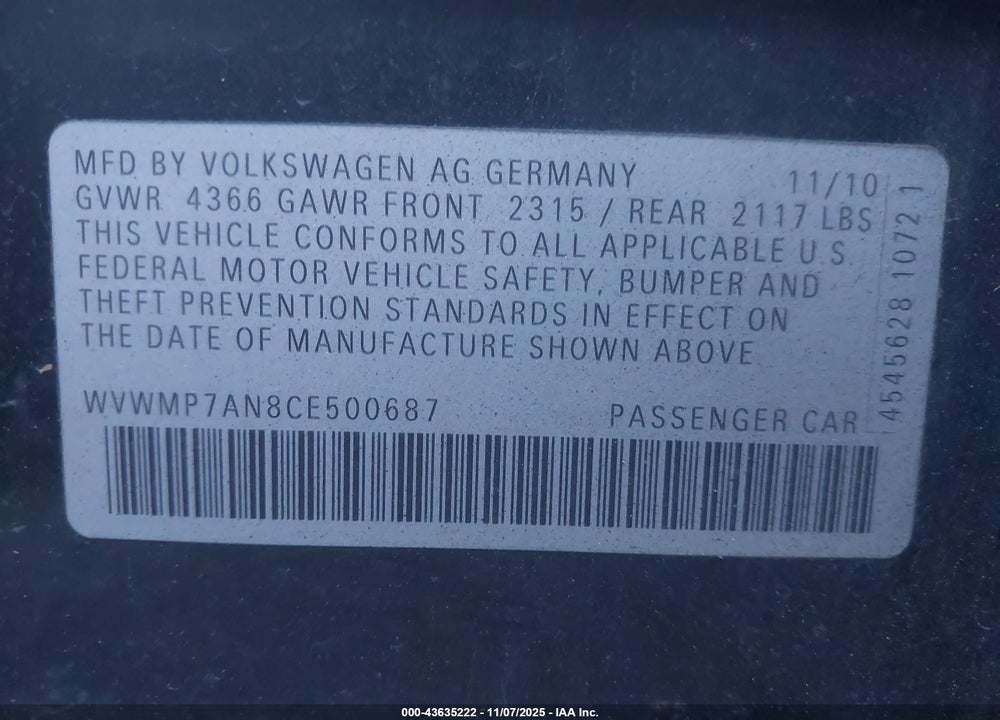 2012 VOLKSWAGEN CC R-LINE VIN: WVWMP7AN8CE500687