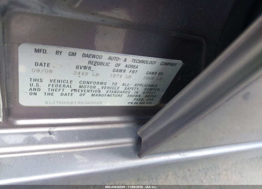2009 CHEVROLET AVEO LT VIN: KL1TG66E19B388685