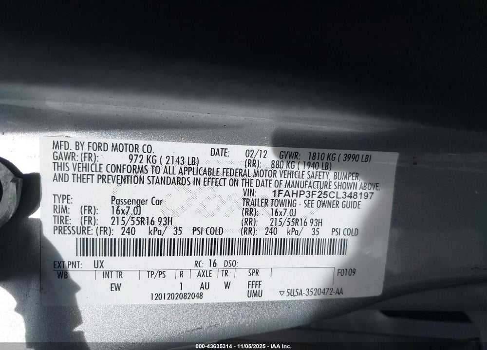 2012 FORD FOCUS SE VIN: 1FAHP3F25CL348197
