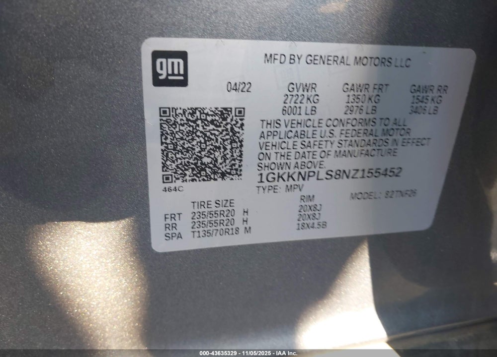 2022 GMC ACADIA VIN: 1GKKNPLS8NZ155452