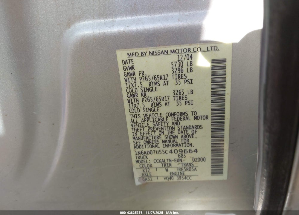2005 NISSAN FRONTIER LE VIN: 1N6AD07U55C409664