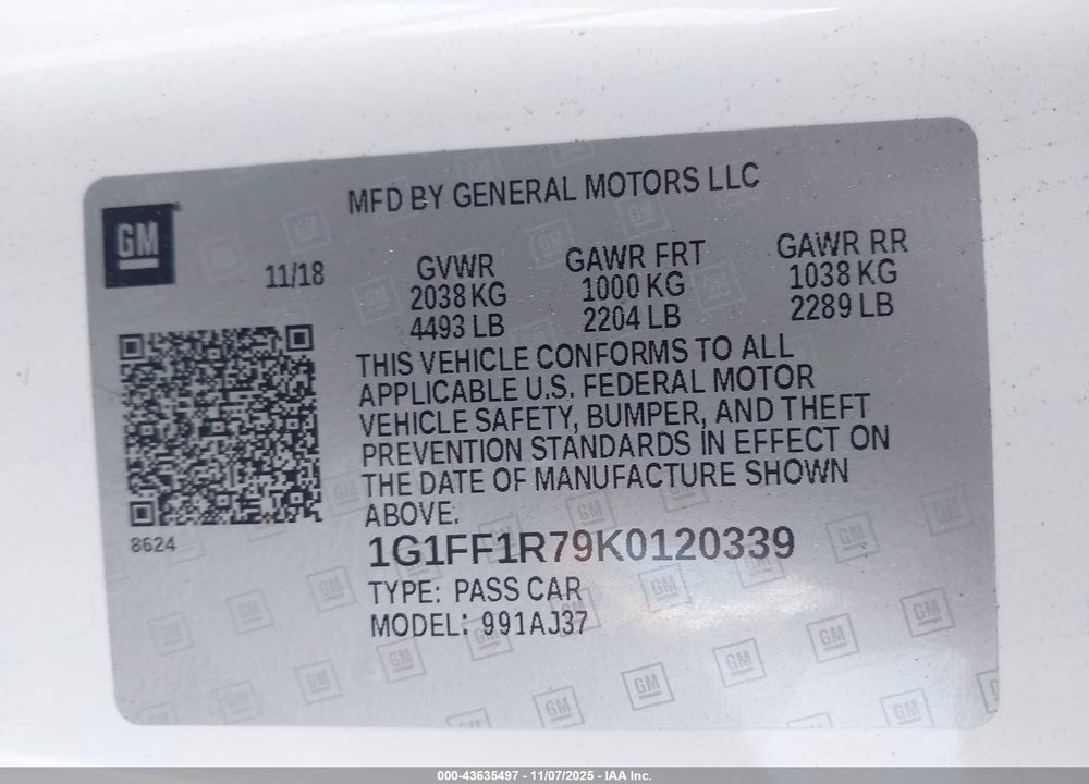 2019 CHEVROLET CAMARO 1SS VIN: 1G1FF1R79K0120339