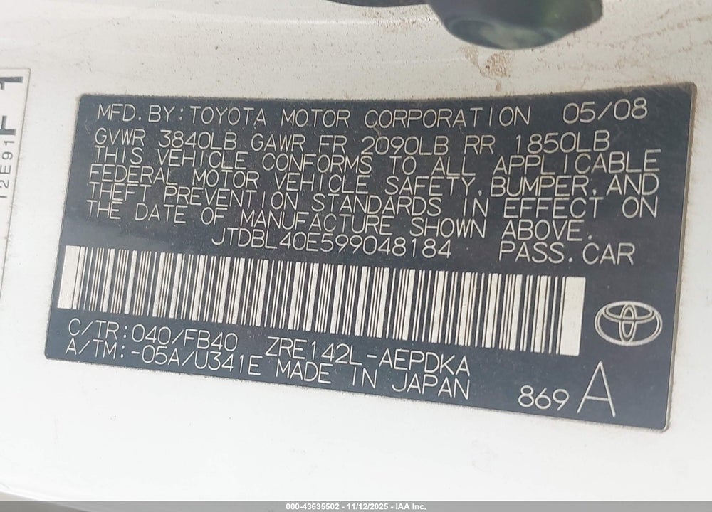 2009 TOYOTA COROLLA LE VIN: JTDBL40E599048184