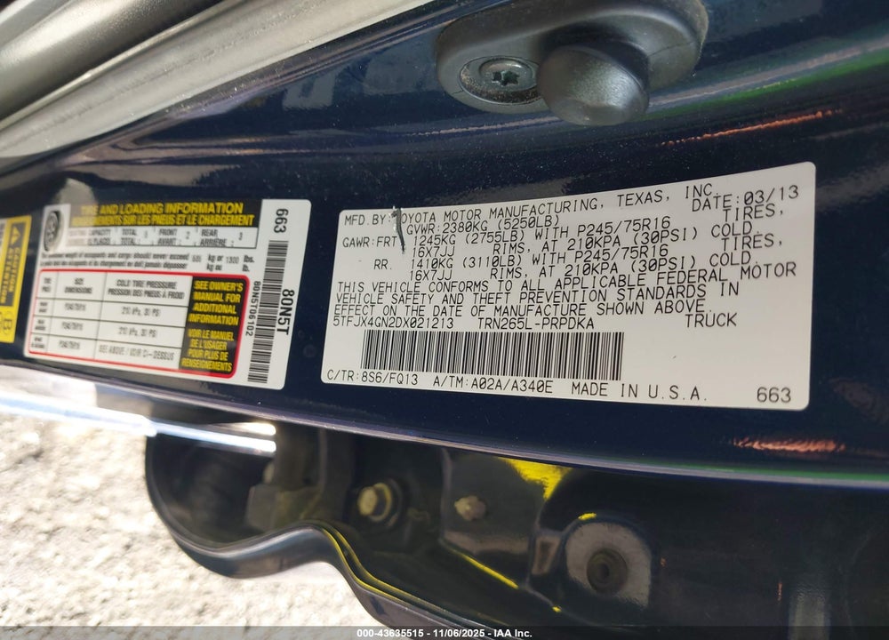 2013 TOYOTA TACOMA VIN: 5TFJX4GN2DX021213