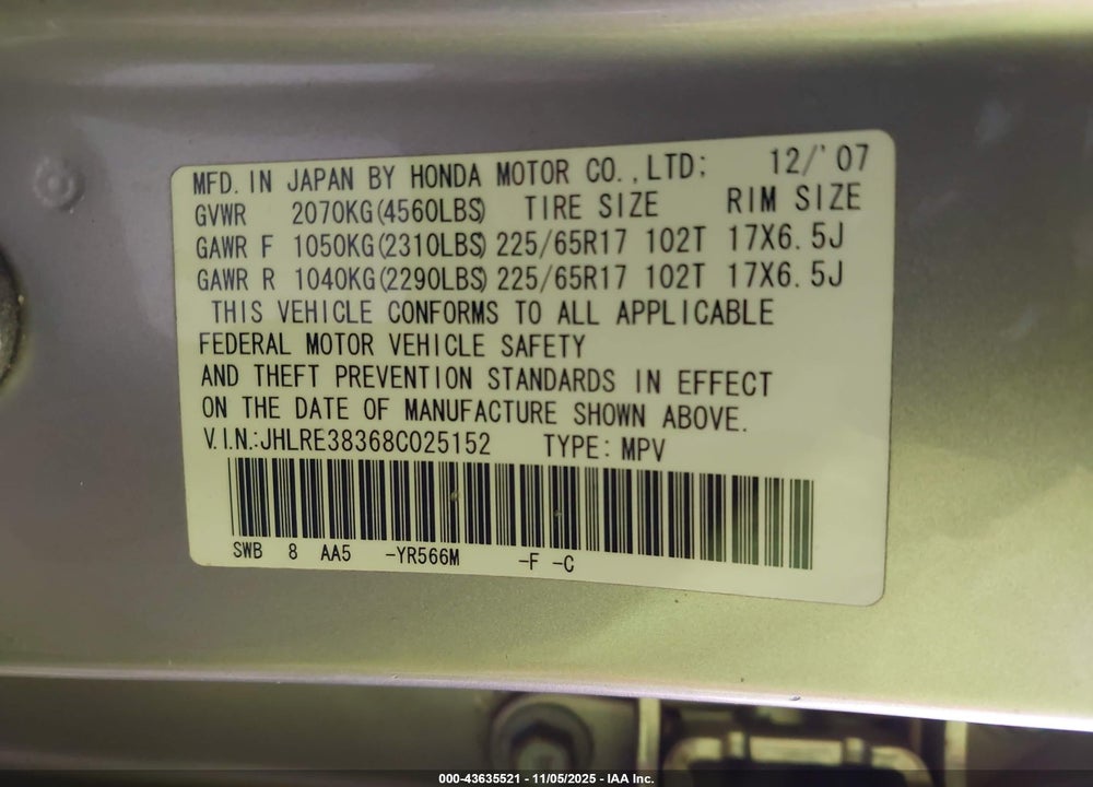 2008 HONDA CR-V LX VIN: JHLRE38368C025152