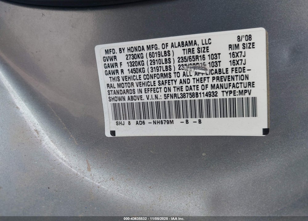 2008 HONDA ODYSSEY EX-L VIN: 5FNRL38758B114932