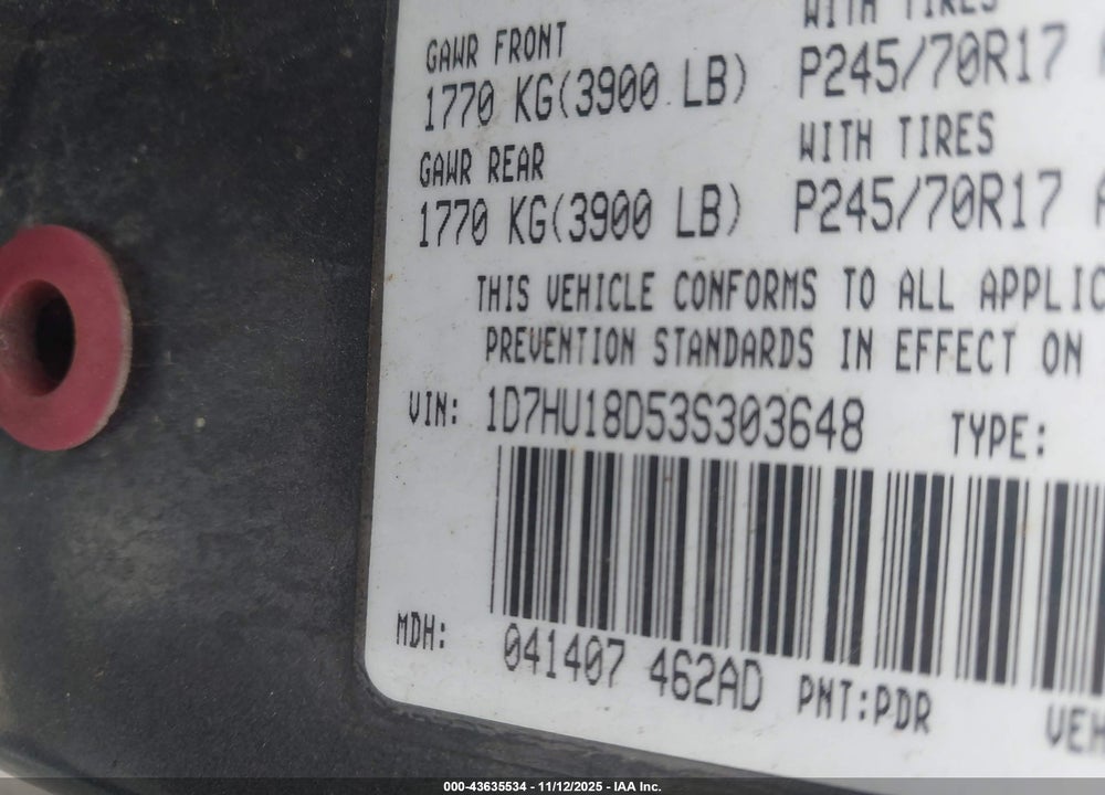 2003 DODGE RAM 1500 SLT/LARAMIE/ST VIN: 1D7HU18D53S303648