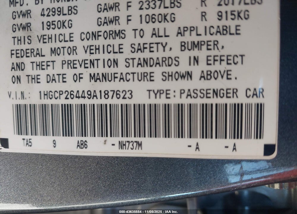 2009 HONDA ACCORD VIN: 1HGCP26449A187623
