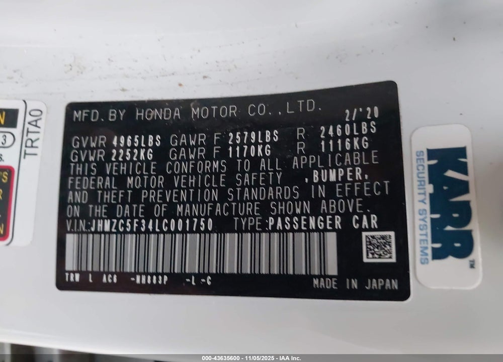2020 HONDA CLARITY PLUG-IN HYBRID VIN: JHMZC5F34LC001750