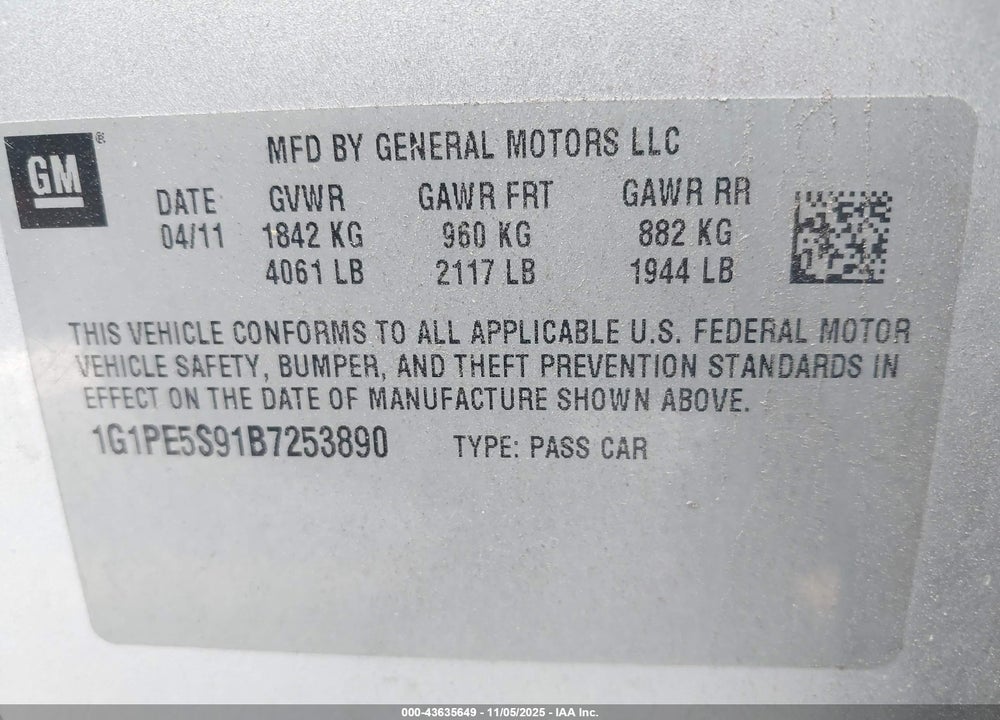 2011 CHEVROLET CRUZE LT VIN: 1G1PE5S91B7253890