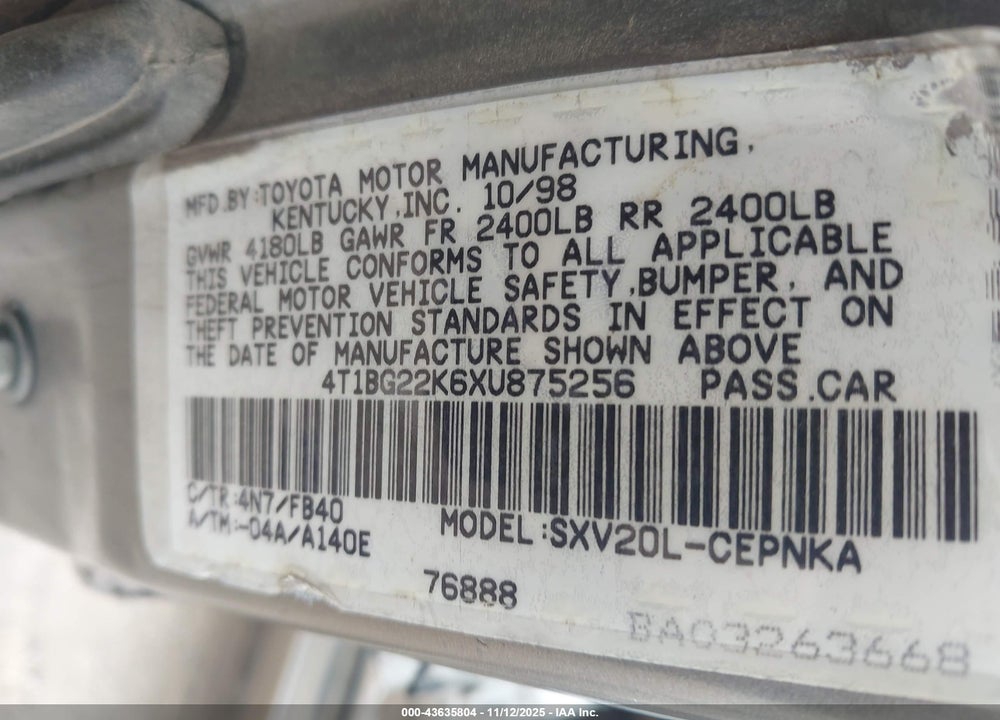 1999 TOYOTA CAMRY LE VIN: 4T1BG22K6XU875256