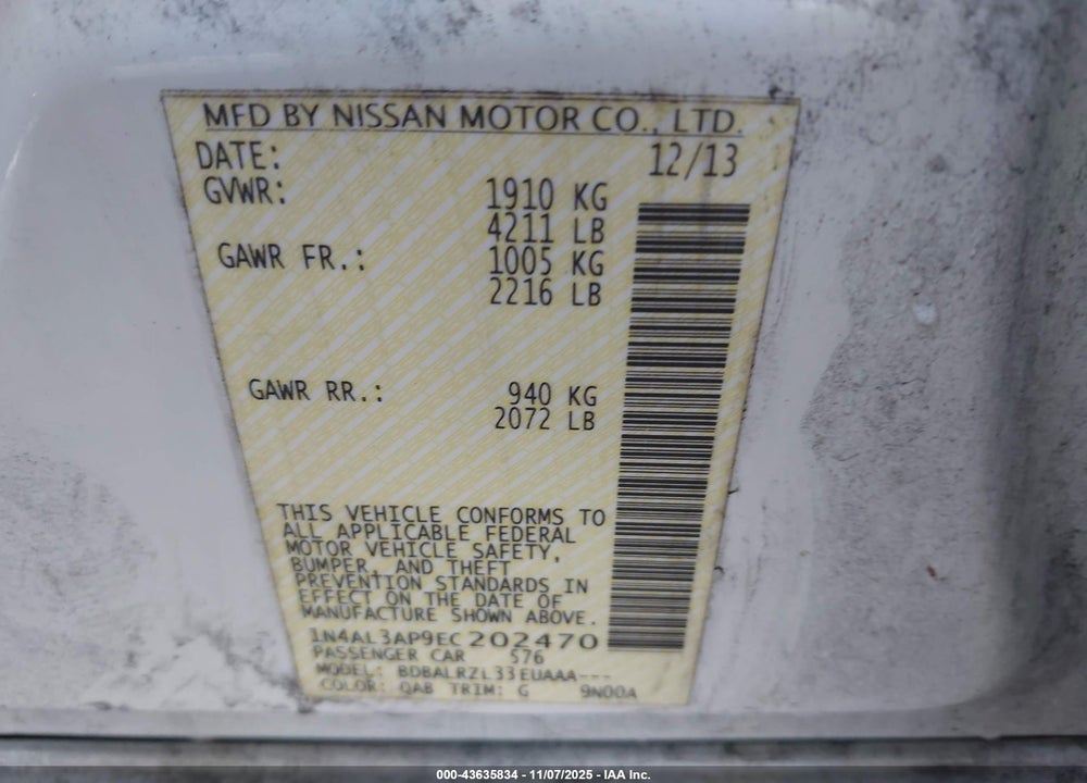 2014 NISSAN ALTIMA 2.5 S VIN: 1N4AL3AP9EC202470