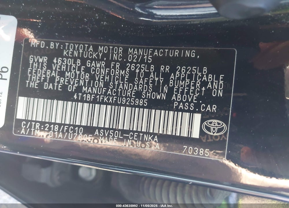 2015 TOYOTA CAMRY LE VIN: 4T1BF1FKXFU925985