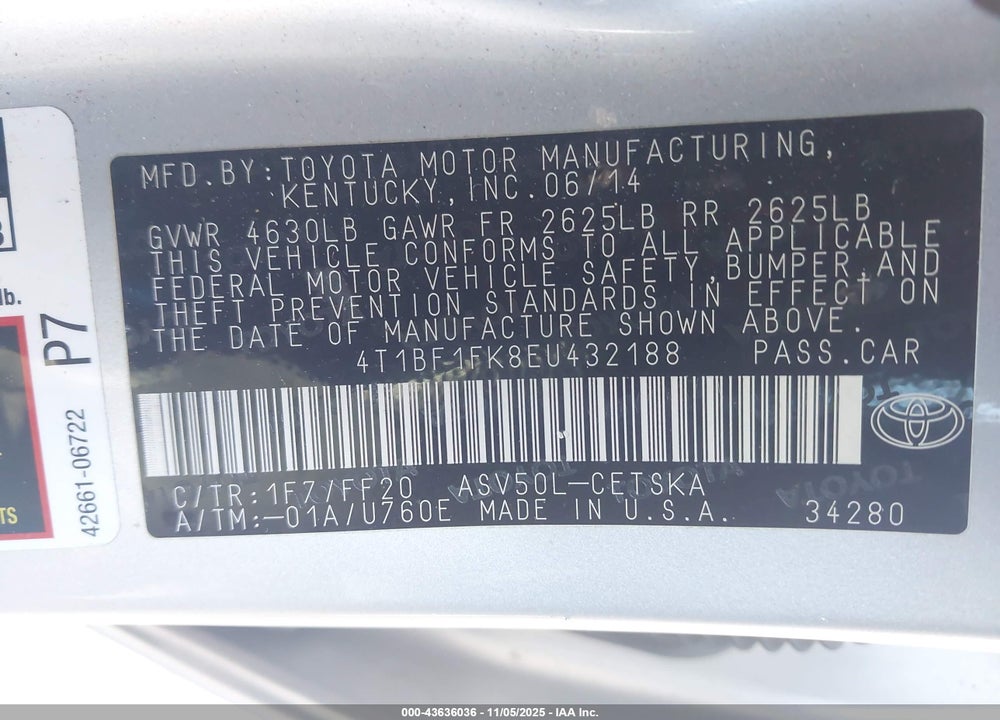 2014 TOYOTA CAMRY SE VIN: 4T1BF1FK8EU432188
