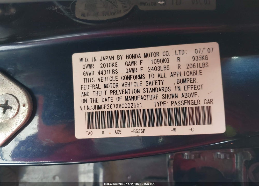 2008 HONDA ACCORD 2.4 EX VIN: JHMCP267X8C002551