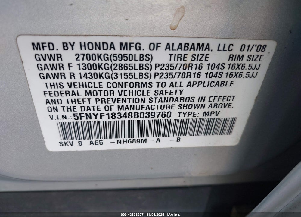 2008 HONDA PILOT SE VIN: 5FNYF18348B039760