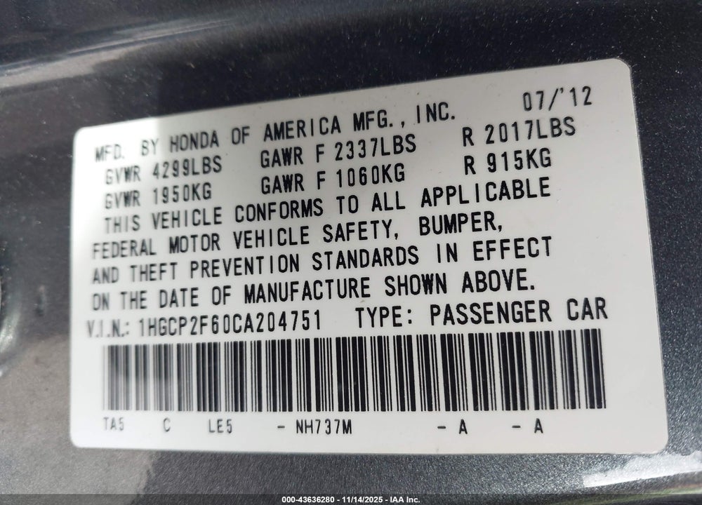 2012 HONDA ACCORD 2.4 SE VIN: 1HGCP2F60CA204751