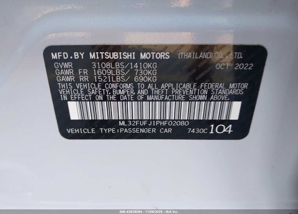 2023 MITSUBISHI MIRAGE G4 BLACK EDITION/ES/LE VIN: ML32FUFJ1PHF02080