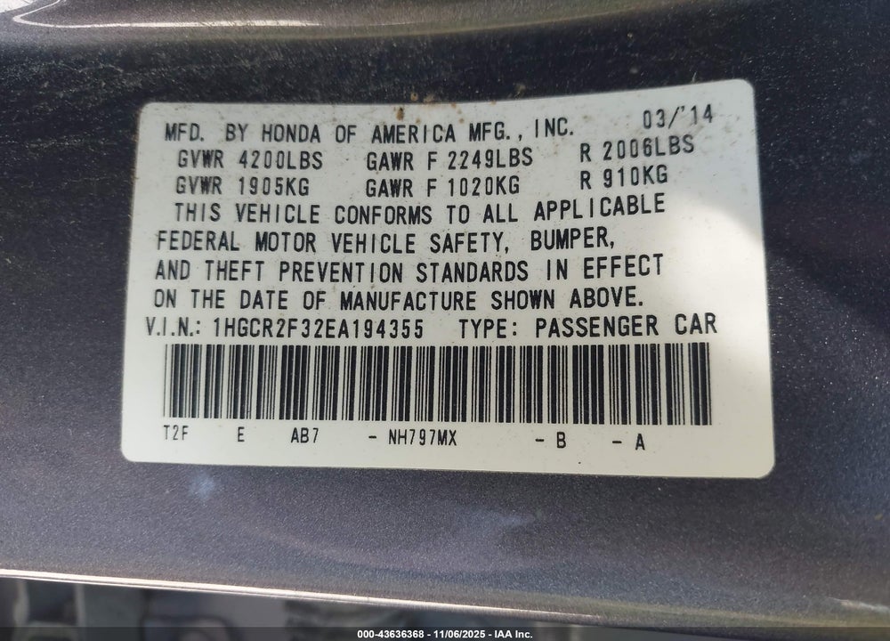 2014 HONDA ACCORD VIN: 1HGCR2F32EA194355