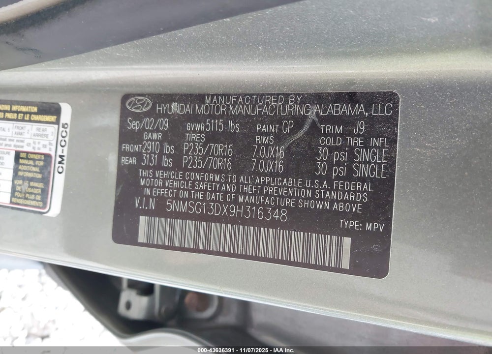2009 HYUNDAI SANTA FE GLS VIN: 5NMSG13DX9H316348