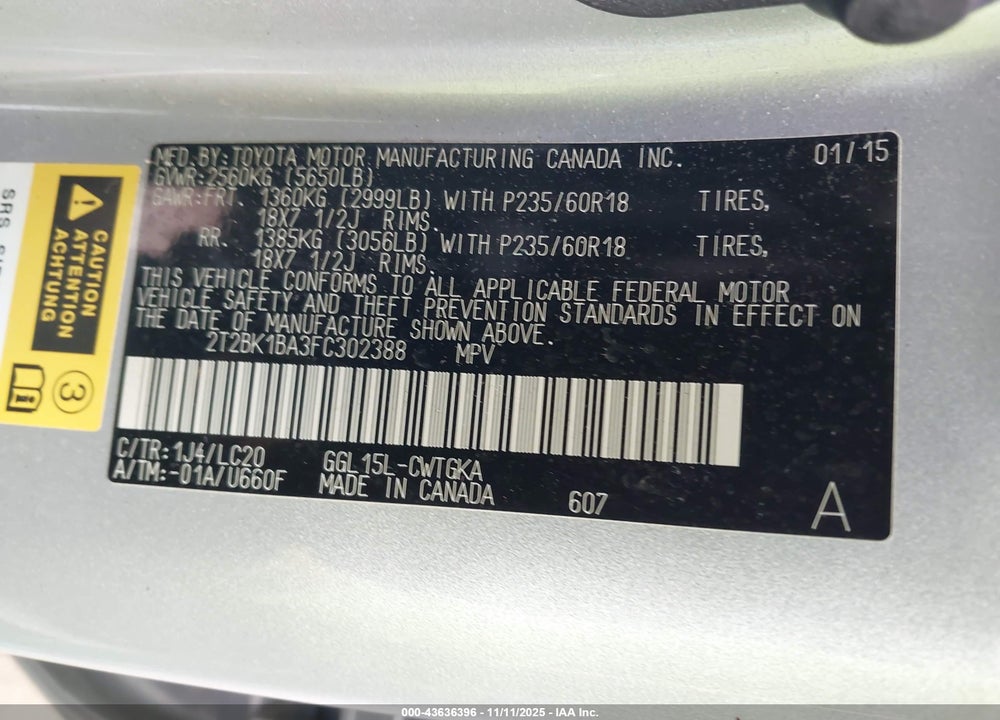 2015 LEXUS RX 350 VIN: 2T2BK1BA3FC302388