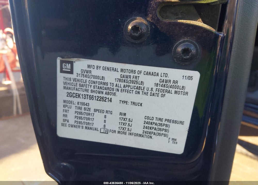 2006 CHEVROLET SILVERADO 1500 VIN: 2GCEK13T661226214
