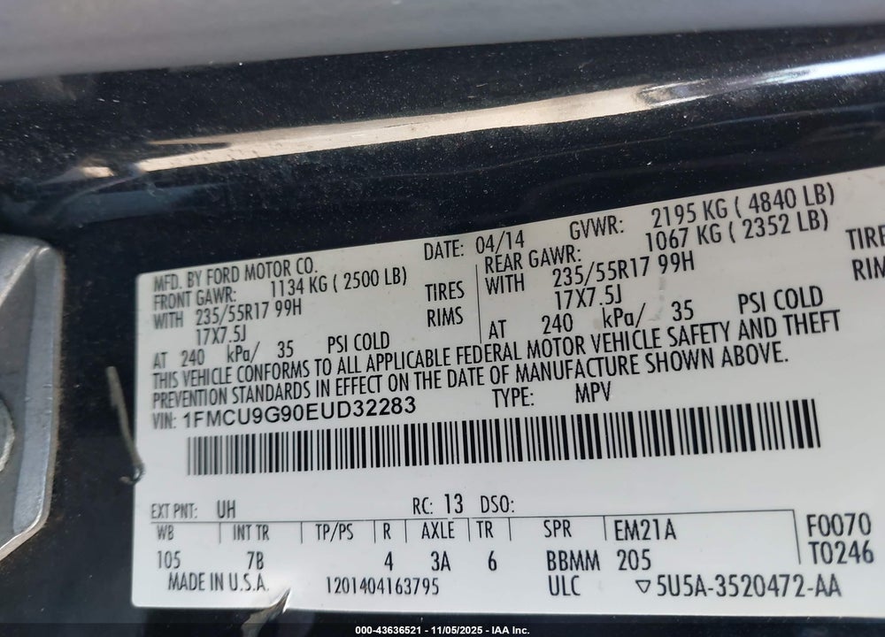 2014 FORD ESCAPE SE VIN: 1FMCU9G90EUD32283