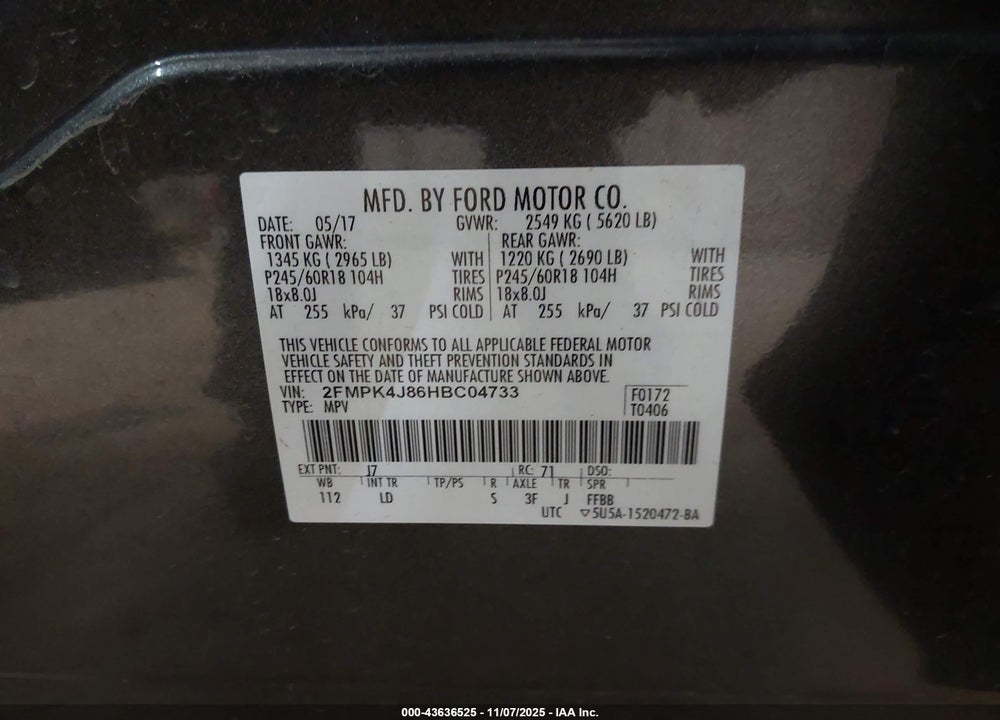 2017 FORD EDGE VIN: 2FMPK4J86HBC04733