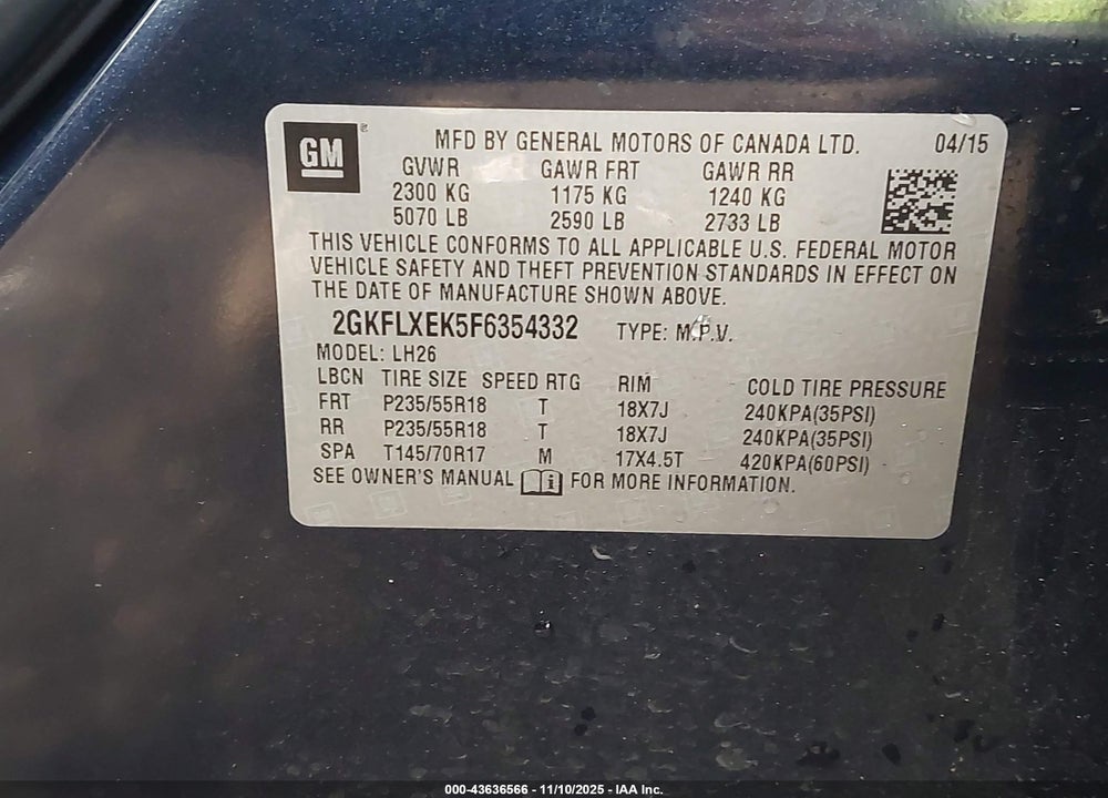 2015 GMC TERRAIN SLT-1 VIN: 2GKFLXEK5F6354332